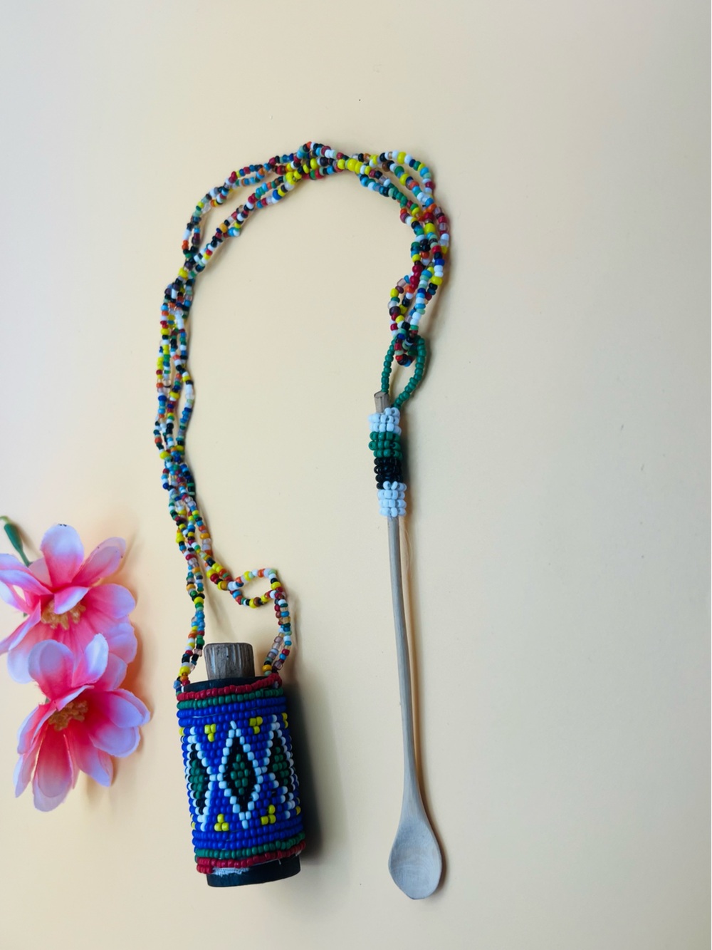 African Zulu Multicolor Seed Bead Necklace medicine jar